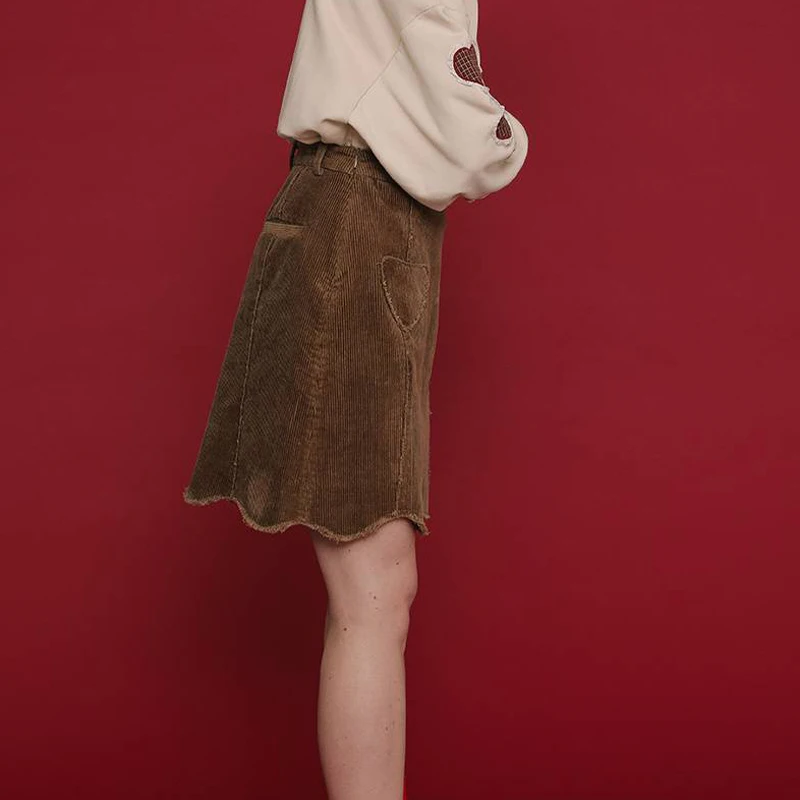 Pavasario Derliaus Dizaino Moterų Velvetas Sijonas Vidurio Juosmens Širdies formos Kišenės Trumpas Saia Feminina Mini Moterų Sijonai Banguoti Hem