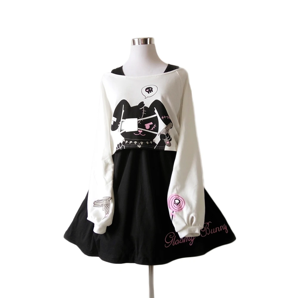 Fannic Komiksų Rabbit Dress Paauglių Mergaičių 2 Vnt Kostiumas Sweet Medvilnės Suknelė, Trumpas Cute Bunny Spausdinti Ilgomis Rankovėmis Japanese Lolita Dress