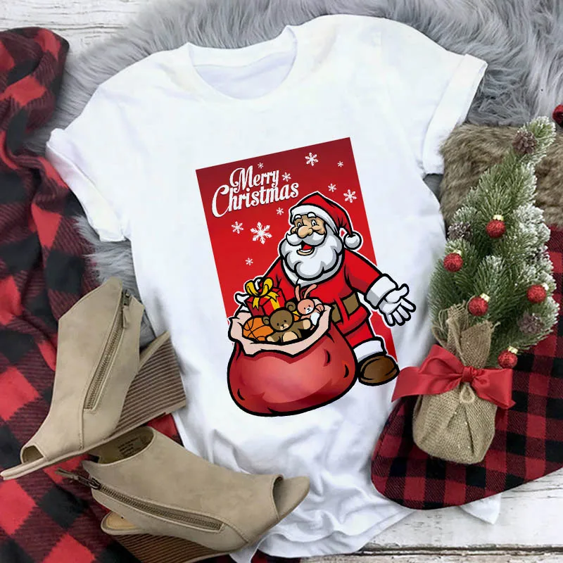 Naujas mielas šiaurės elnių marškinėliai moterims mados Kalėdų Harajuku Trumpas Rankovės marškinėliai Balti, Tinkamas visais metų laikais Marškinėlius Viršūnes drabužiai