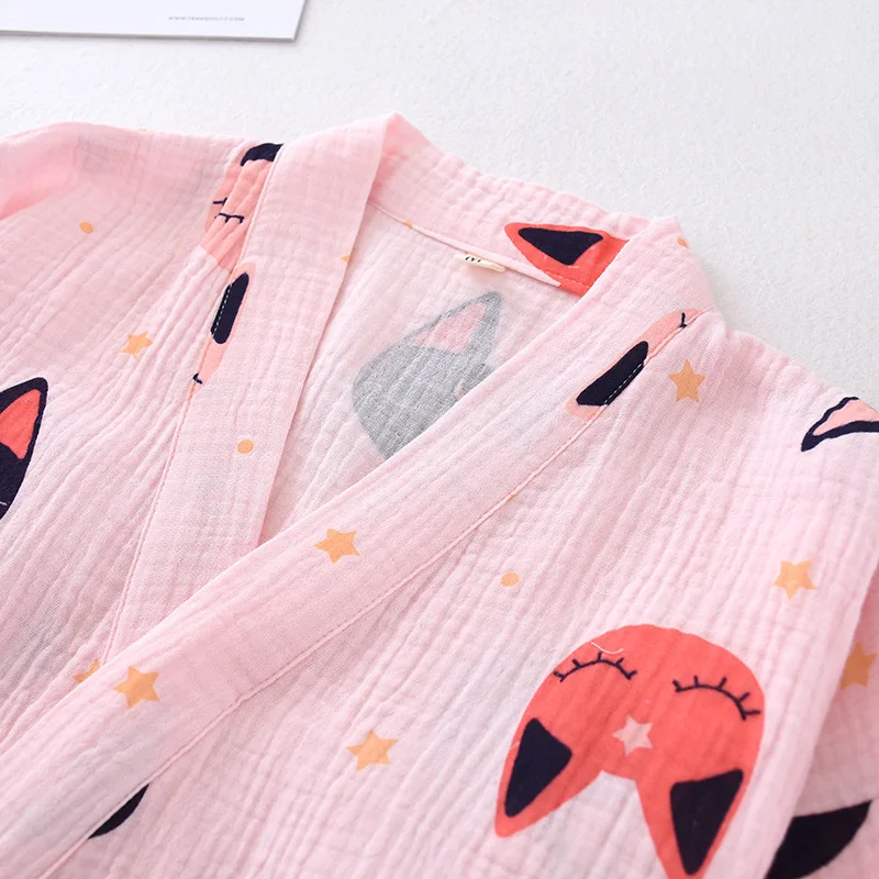 Krepas Ponios Japonų Kimono Nustatyti Pijamas Moterys Pavasarį, Rudenį Medvilnės Pižama ilgomis rankovėmis Kelnės Animacinių filmų Plius Dydis Homewear Rinkinys
