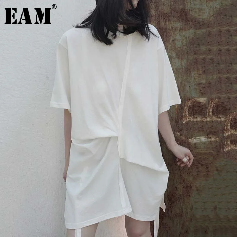 [EAM] Moterys, Baltos spalvos Klostuotas Padalinta Didelis Dydis Ilgi marškinėliai Naujas Apvalios Kaklo Pusė Rankovės Mados Banga Pavasario Vasaros 2021 1W296