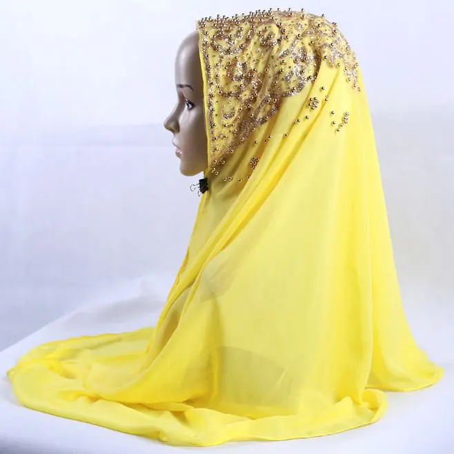 Naujas Atvykimo Premium Burbulas Šifono Skara Vasaros Paprasto Blizgučiai Musulmonų Hijabs Moterų Aukso Perlas Islamo Turbaną Skarelė 170*70cm