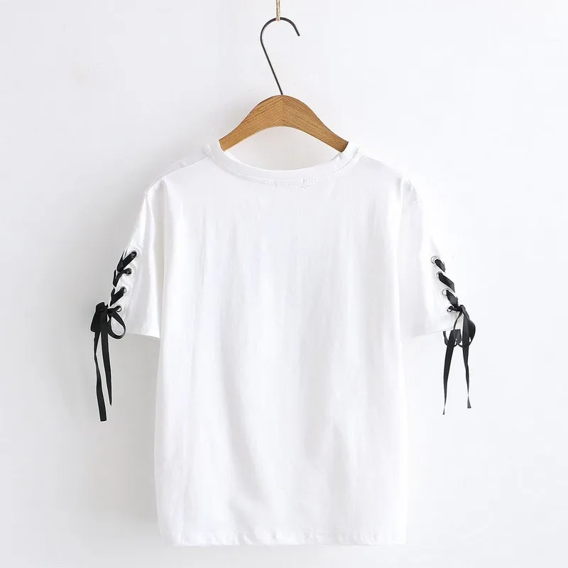 Vasarą naujasis Japonijos trumparankoviai marškinėliai moterų pralaidumo prarasti korėjos studentų spausdinimo Harajuku stiliaus marškinėlius baltas juodas
