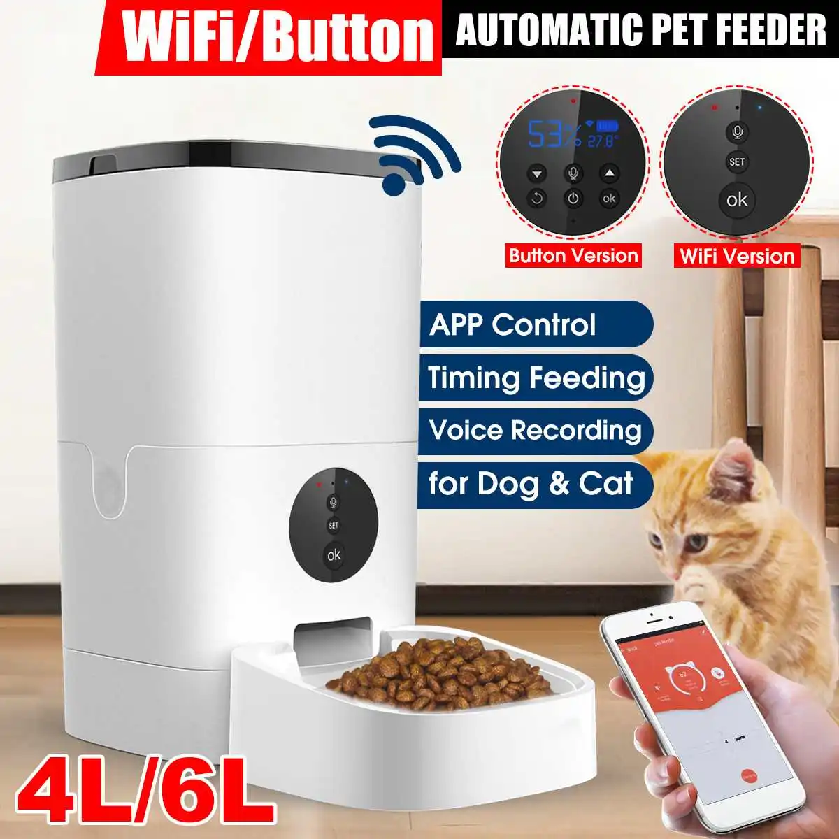 [Video/WiFi/Mygtuką Versija] 4L/6L Automatic Pet Feeder Smart Kačių, Šunų Maisto Dozatorius Nuotolinio Valdymo PROGRAMĖLĘ Laikmatis