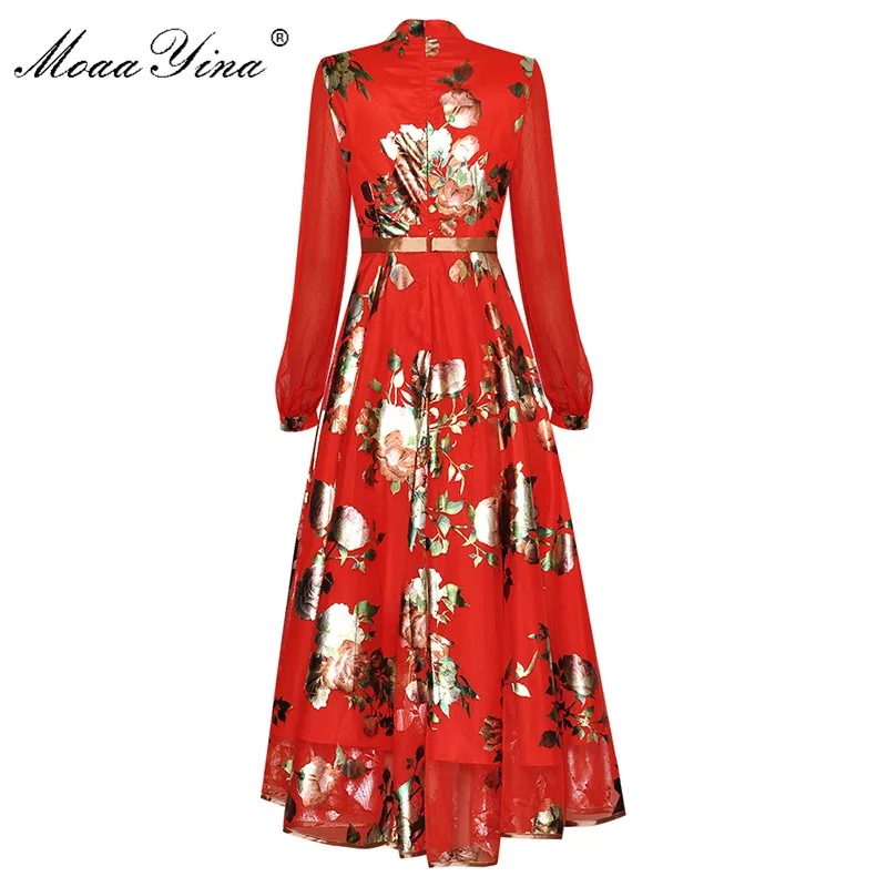 MoaaYina Mados Dizaineris suknelė Pavasarį, Rudenį Moterų Suknelė Stovėti apykakle ilgomis rankovėmis Floral-Print Elegantiškas Suknelės