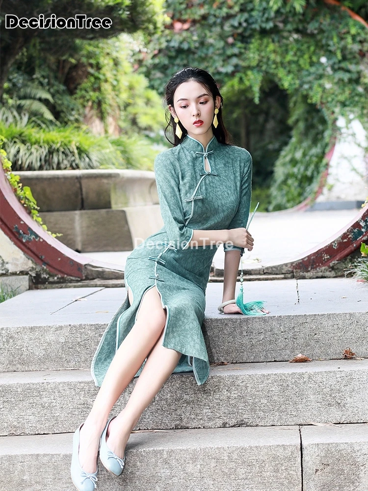 2021 kinų suknelė moterims cheongsam kinijos tradicinės spausdinimo suknelės mandarinų apykaklės ilgai qipao vestidos medvilnės cheongsam suknelė