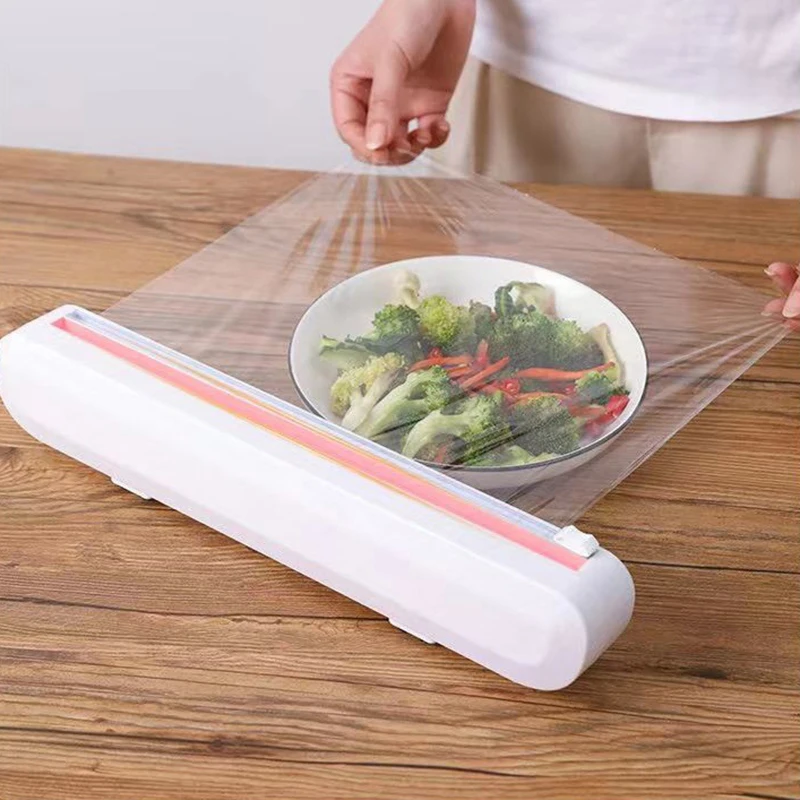 Reguliuojamas Plastikinių Maisto Wrap Balionėlis Su Skaidrių Cutter Kabintis Kino Cutter Išsaugojimo Folija Talpinimo Plastiko Wrap Cutter