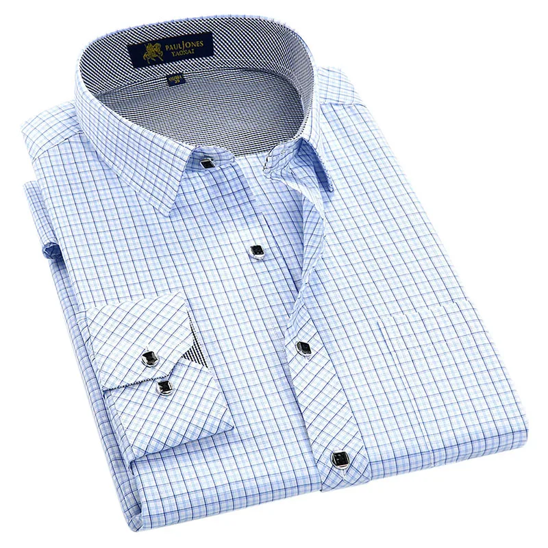 Klasikinio stiliaus, Pledas marškiniai vyrams šilko ir medvilnės audinio, ilgomis rankovėmis slim fit non-geležies priežastinis vyriški marškiniai