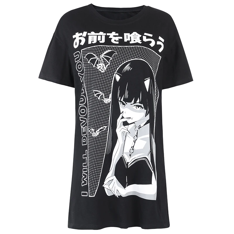 InsGoth Harajuku Palaidi Ilgi marškinėliai Moterims Gotikos Streetwear Negabaritinių Juoda T-shirts Grunge Spausdinti Mados Moterų Derliaus Viršūnės