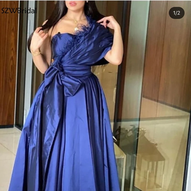 Naujas Atvykimo Vieną petį Royal blue Ilgą vakarinę suknelę 2021 Satino su Plunksna abiye Pigūs Vakare chalatai vestido de fiesta