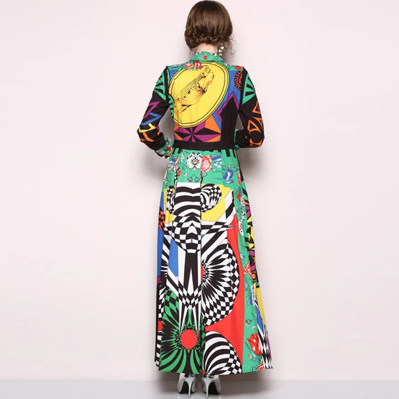 Naujas 2019 Dizaineris kilimo ir tūpimo Tako Suknelė ilgomis Rankovėmis Maxi Suknelė Moterų Pasukite Žemyn Apykaklės Nukentėjo Spalvos Rožių Gėlių Spausdinti Derliaus Ilga Suknelė