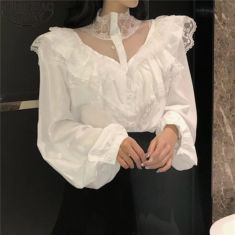 Saldus Baltas Juodas Sexy Nėrinių Marškinėliai Moterims Raukiniai Golfo Rudenį Moterų Viršūnes ir Palaidinės Sluoksniuotos Rankovėmis Blusas De Mujer 10783