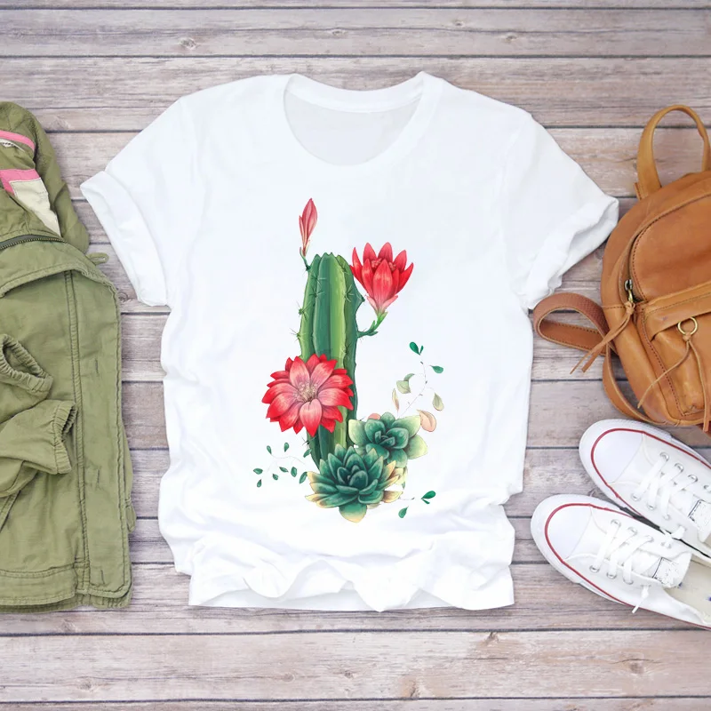 Moterims Gėlių, Augalų Animacinių filmų Streetwear Mergina Kaktusas Spausdinti 90s Lady T-shirts Viršuje Moterų Graphic T Shirt Ladies Moterų Tee Marškinėliai
