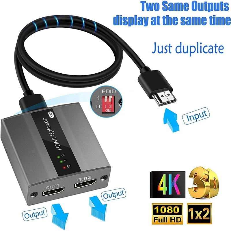 HDMI Splitter 1-2 Iš Paramos EDID Funkcija HDMI Jungiklis 4K@30HZ,1080P,3D,HDCP1.4 Kompiuterių, X Box Gaisro TV Stick