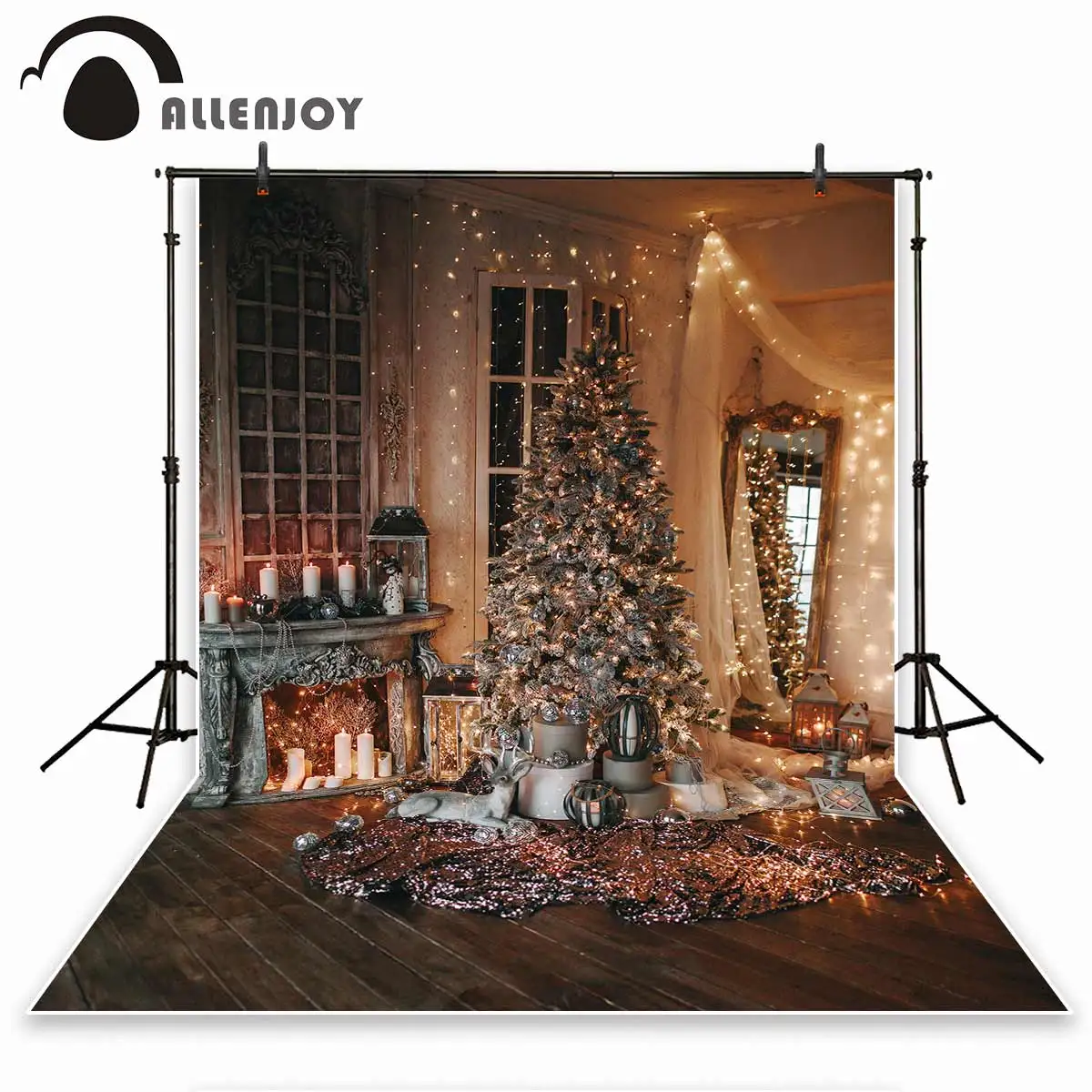 Allenjoy kalėdų eglutės fone photophone žiemos židinys elnias patalpų blizgučiai tapetai, fonas festivalis nuotrauka naujas dizainas