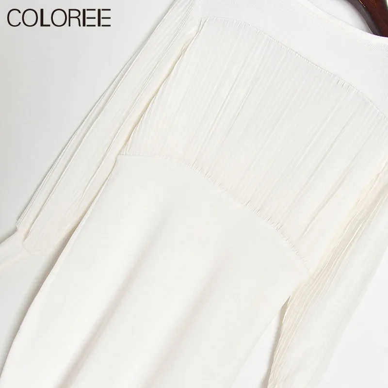 Seksualus V-kaklo, ilgomis Rankovėmis Šifono Kratinys Megzti Suknelę Moterų 2020 M. Rudens Žiemos Elegantiškas Puoštas Baltas/Juodas Megztinis Moteriška Suknelė