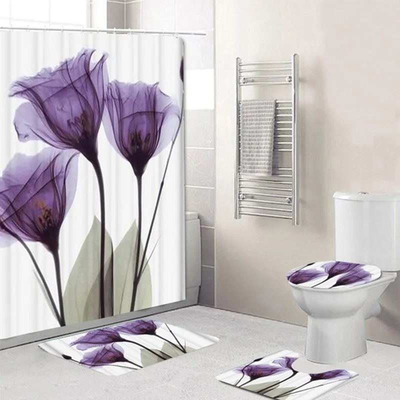 Purple lotus Audinio Dušo Užuolaidos Violetinė Gėlė Vonios Užuolaidos Nustatyti Anti-slydimo Kilimėliai Tualeto Dangčio Dangtelis Vonios Kilimėlis Namų Dekoro