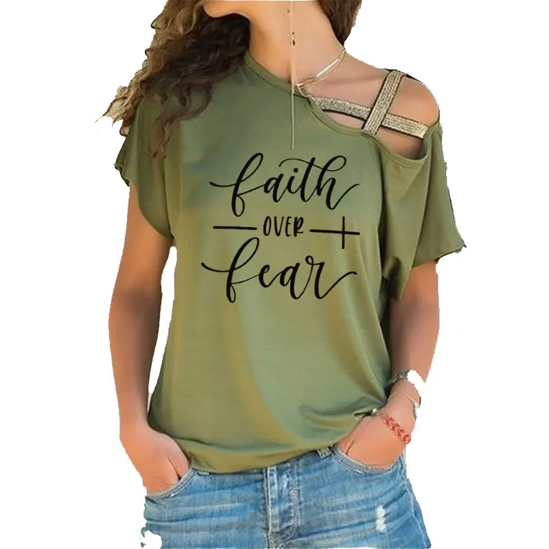 Tikėjimas Per Baimę Moterų marškinėliai Vasaros femme medvilnės Nereguliarus Nerijos Kryžiaus Tvarstis Viršūnės