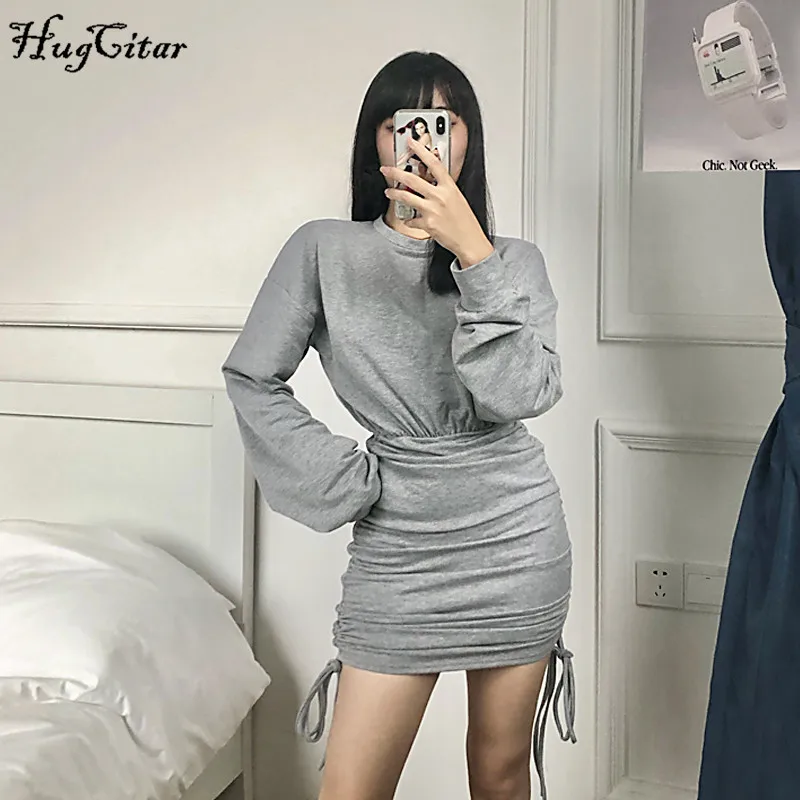 Hugcitar 2020 Long Sleeve Ruched Tvarstis Seksuali Mini Suknelė Rudens Žiemos Moterų Mados Streetwear Laisvalaikio Apranga