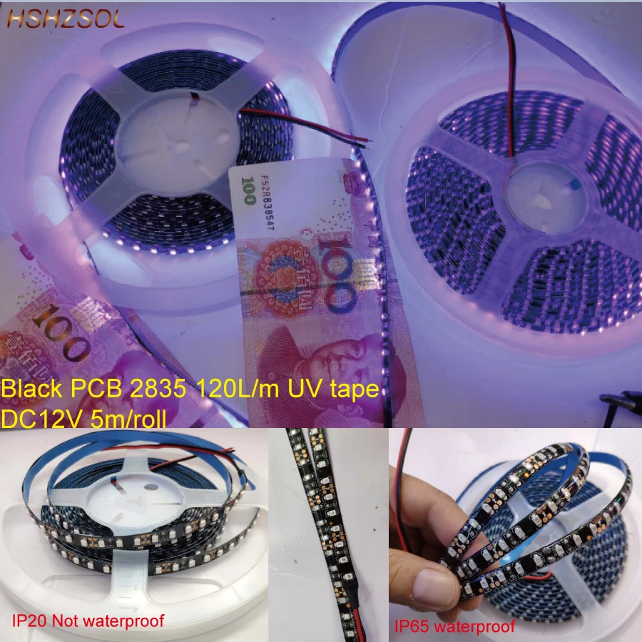 Juoda pcb 16,4 ft 5M Ultravioletinių UV led juostelės 2835 SMD Violetinė 600 Flex LED Juostelės Šviesos Warterproof 12V Bill Autentiškumo testas