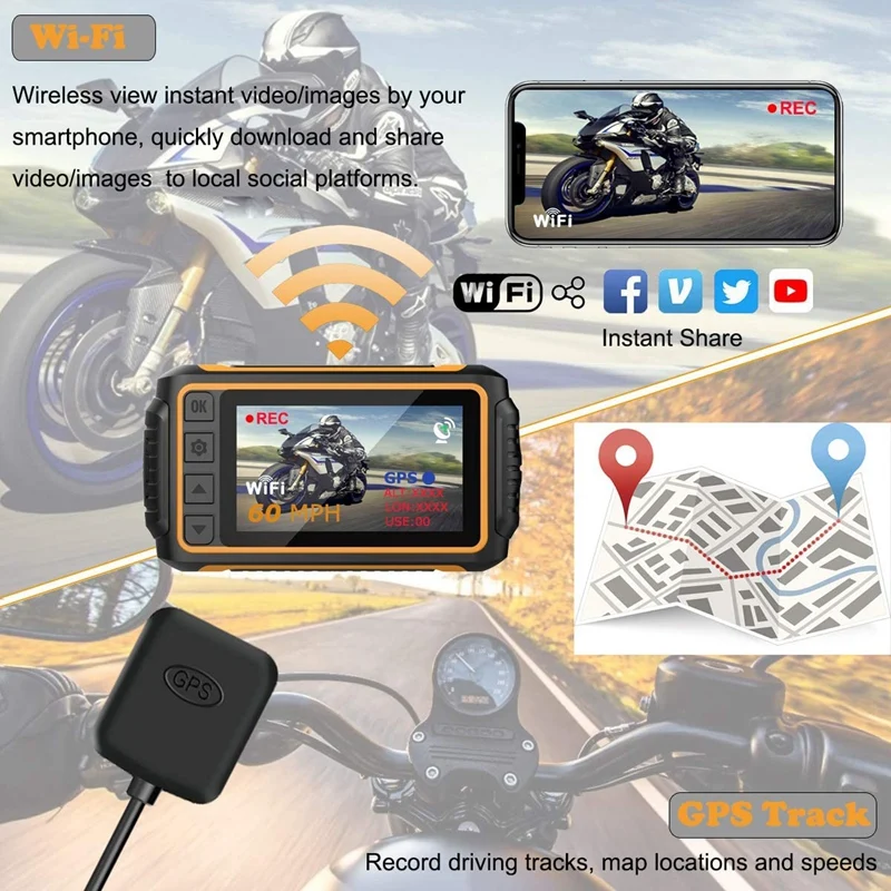 Dual FHD 1080P Motociklo Brūkšnys Cam,3Inch Vandeniui Vaizdo Kamera, DVR su Wi-Fi, GPS, WDR, G-Sensorius
