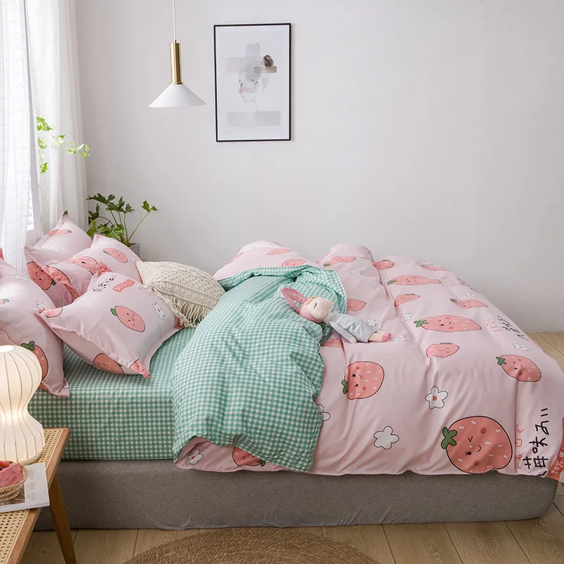 Denisroom Animacinių filmų Braškių lovos užvalkalai mielas patalynės komplektas rožinė antklode padengti rinkiniai mergaitėms karalius ir karalienė dydžio RE71*