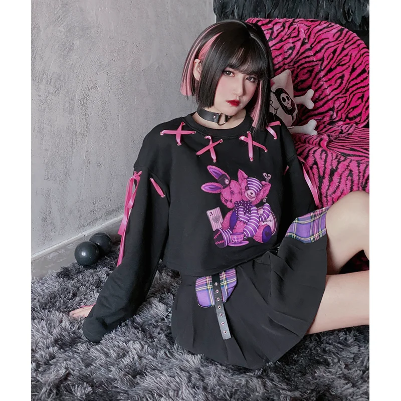 Japonijos harajuku originalas black purple patch klostuotas sijonas saldus mielas punk lether diržo karštų merginų mini pledas sijonas pyragas