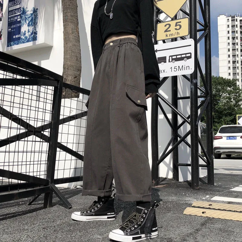 Harajuku Streetwear Tiesiai Krovinių Kelnės Moterims Kišenės, Elastinga Aukštos Juosmens Kelnės Mygtuką Atsitiktinis Baggy Poilsiu Moterų Sweatpants Naujas