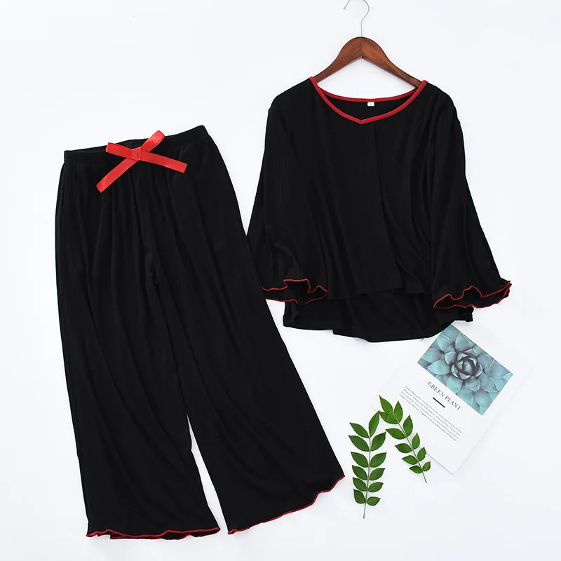 Plus size skersaruožių mezgimo medvilnės pižama rinkiniai moterims Naujos rudenį nuimto derliaus rankovėmis, kelnės kokybės pižamos moterims sleepwear