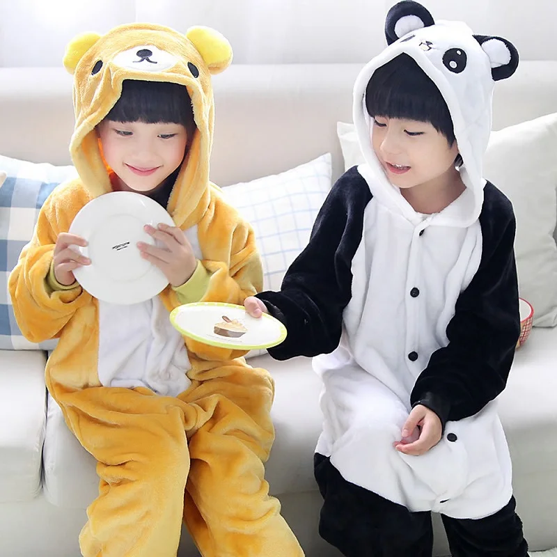 Vaikai Nustatyti kigurumi Gyvūnų Panda Bear Gobtuvu Sleepwear Vaikų Berniukų, Mergaičių Flanelė Saldus Animacinių filmų Pižama Nustatyti Kalėdų Onesies
