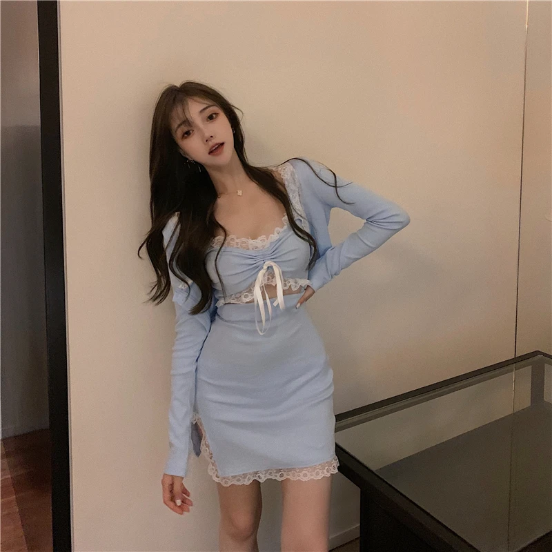 Korėjos Mados Sexy Apranga V-Kaklo Lankas Slim Mini Aukšto Juosmens Diržas Suknelės Visiškai Nėrinių Rankovės Marškinėliai Cosplay Atsitiktinis Dviejų dalių Kostiumas