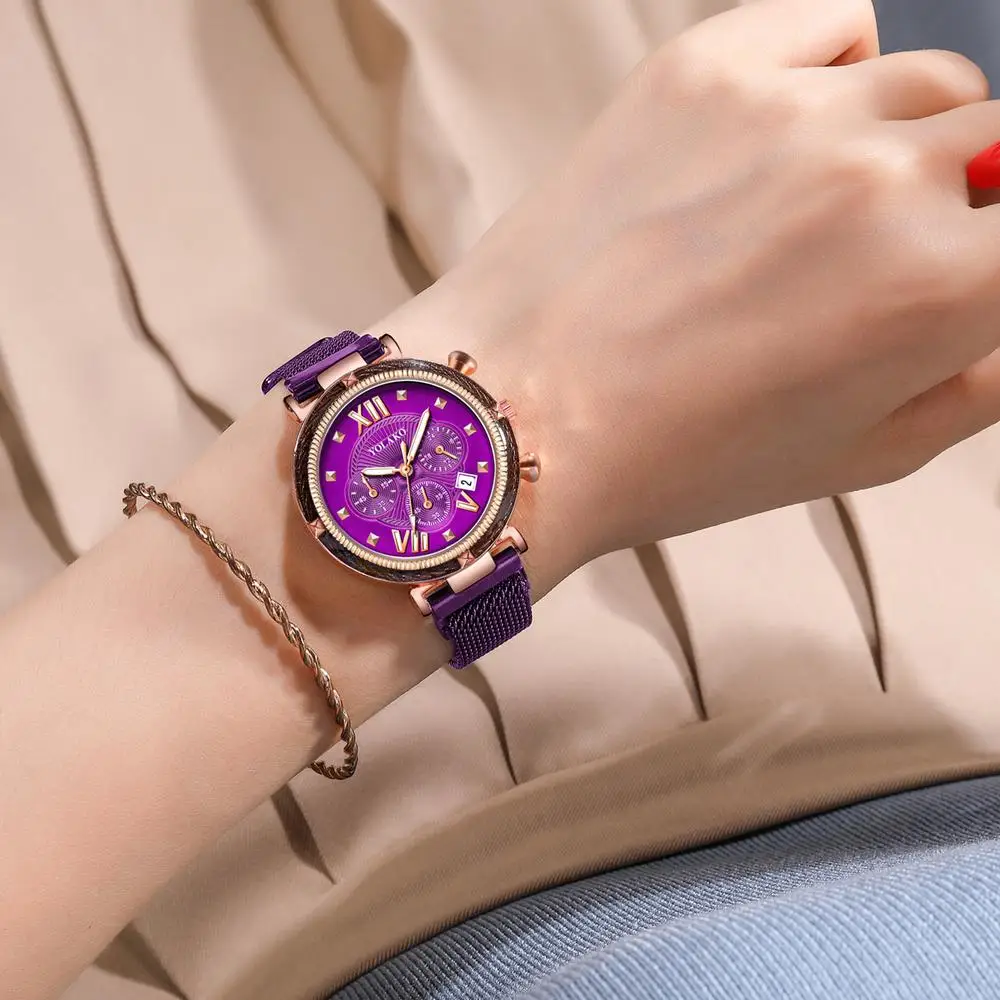 Prabanga Kalendorius Romos Dial Moterų Laikrodžiai Mados Rose Gold Violetinė Magnetas Sagtis Ponios Kvarcinius Laikrodžius Paprasta Moteris Žiūrėti