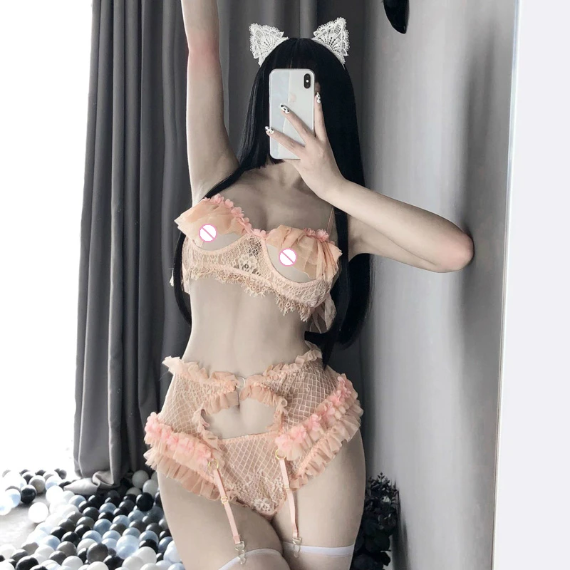 Mielas Sexy Lolita Karvė Moksleivė Kostiumas Akių Tarnaitė, Apranga Anime Kelnaitės Kawaii Apatinis Trikotažas Micro Bikini Mini Atvira Liemenėlė Panty Keliaraištis