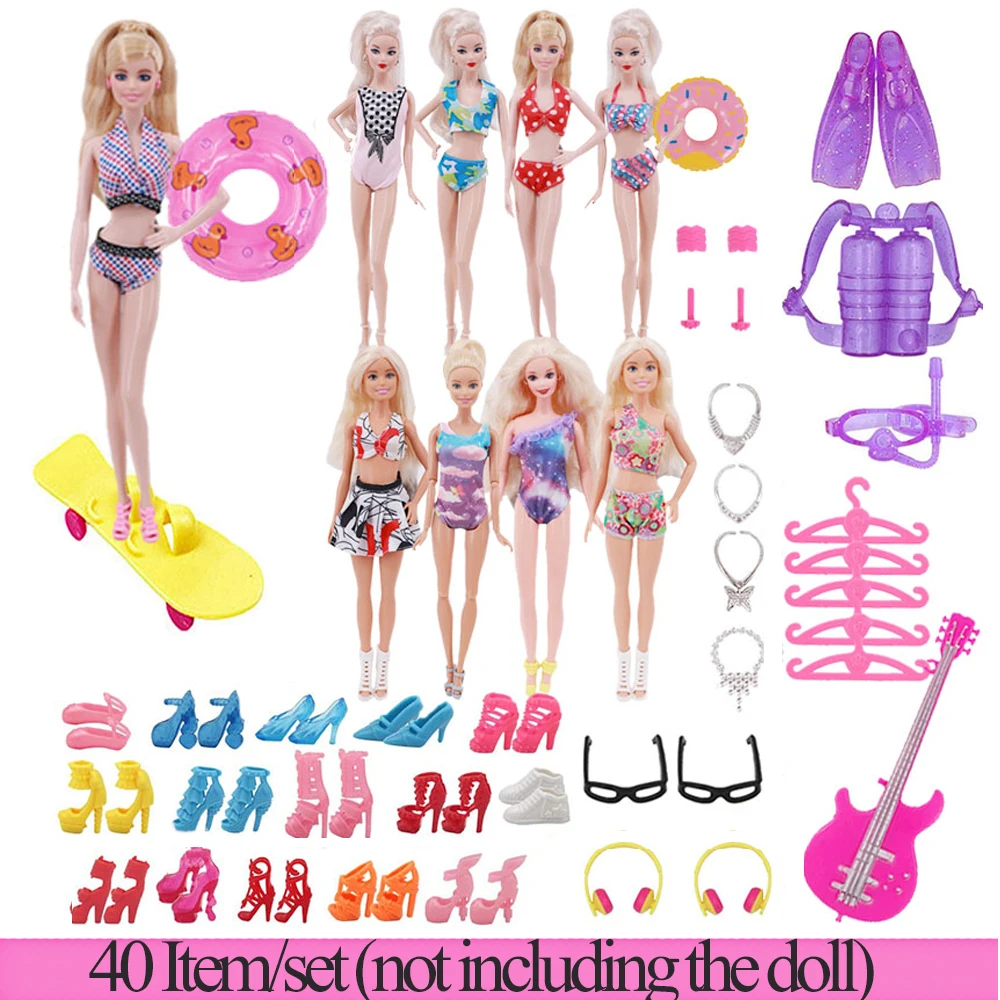 40Items/Set Lėlės Priedai =5Swimsuit+2Headset+2Glasses+Diving4 dalių Kostiumą+10shoes+1Skateboard+1guitar+Kiti Barbies Lėlės