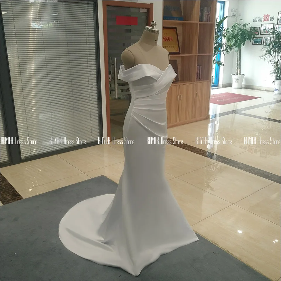 Balta Undinė Vestuvių Suknelės 2021 Nuo Peties Klostyti Nuotakos Suknelė Su Užtrauktuku Iki Sušluokite Atgal Traukinio Satino Vestuvių Suknelės Realios Nuotraukos