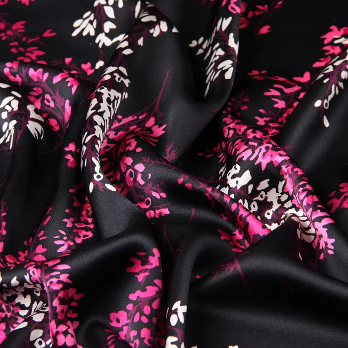 114cm 16,5 mm pločio purpurinės raudonos spalvos gėlių spausdinti juoda šilko krepo satino paprasto audinio vasaros palaidinė, suknelė marškiniai, drabužiai D767
