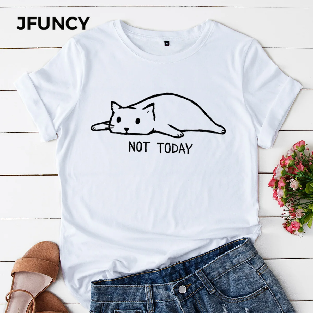 JFUNCY Lovely Cat Spausdinimo Įvairių Spalvų, Plius Dydis Moterų Tshirts Moterų Medvilnės marškinėliai trumpomis Rankovėmis Jauna Mergina Tees Viršūnės
