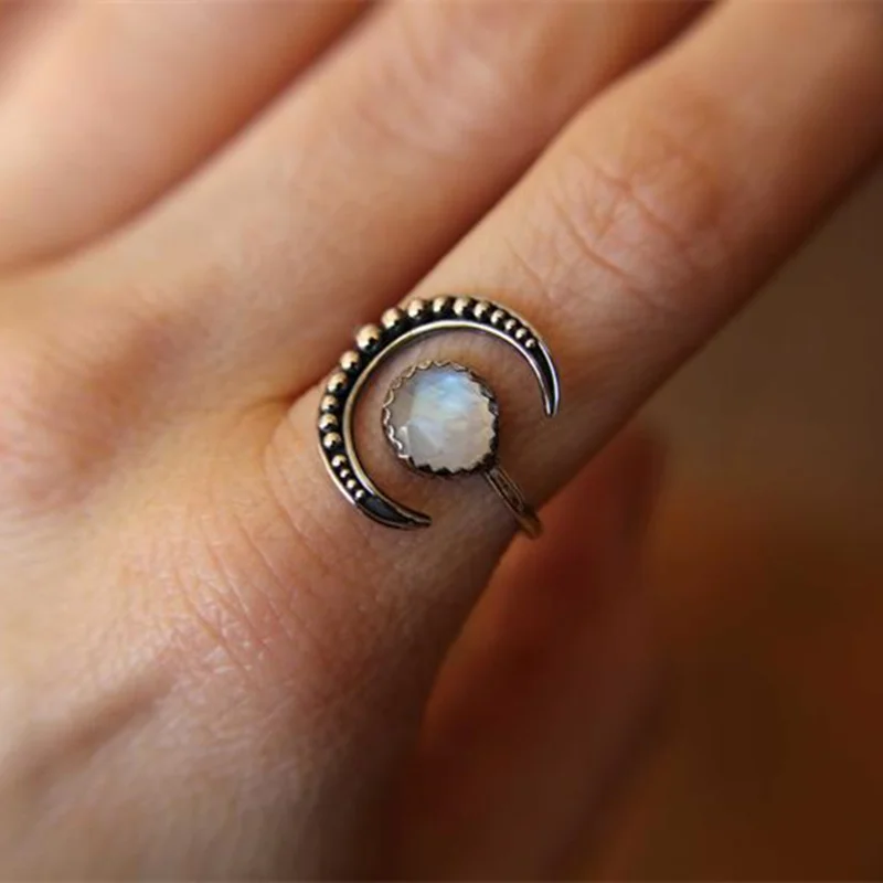 Crescent Moon Žiedai Moterims, mėnulio akmuo Kristalas Sužadėtuvių Žiedas Vestuvinis Žiedas Moterų Anel Boho Papuošalai, Dovanos