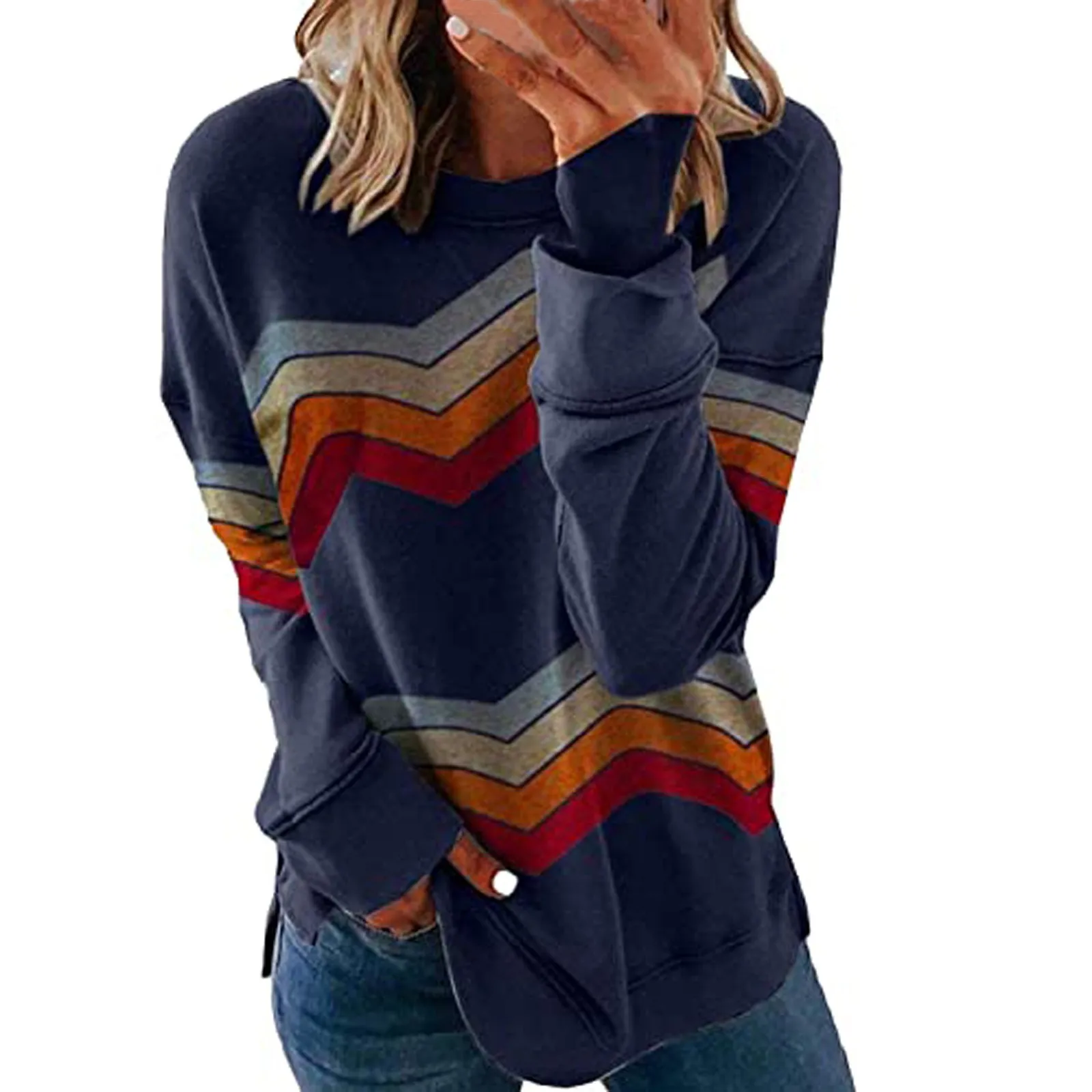 Rudenį Moterų Negabaritinių Marškinėlius, O Kaklo Viršų Atsitiktinis Ilgomis Rankovėmis Juostele Spausdinti Spalvų Megztinis Viršūnes Sudaderas Mujer