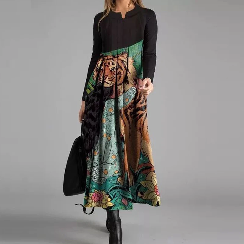 Elegantiškas Moterų Suknelė 2020 M. Žiemos Spausdinti Kratinys Ilgas Šalis Suknelė V Neck Slim-Line Retro Suknelės Ilgomis Rankovėmis Moteriška Vestidos