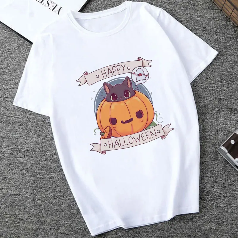2020 Juokingi Marškinėliai Happy Halloween Kawaii Spausdinti Moterų marškinėliai Harajuku Moterų Marškinėlius Grafinis Tees Estetinės Balti trumpomis Rankovėmis
