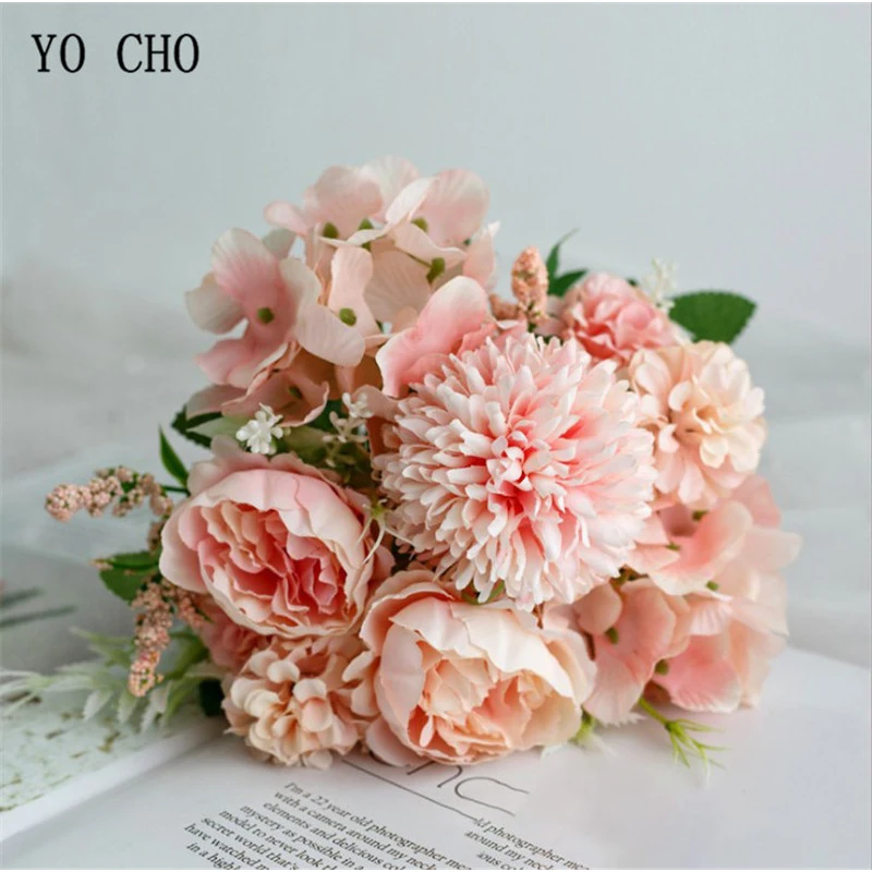 YO CHO Didelis Rožės Hydrangea Dirbtinės Gėlės, Vestuvių Puokštės Namų Puošybai Rose Šilko Puokštė Netikrą Gėlės Galvos Plast Kamieninės