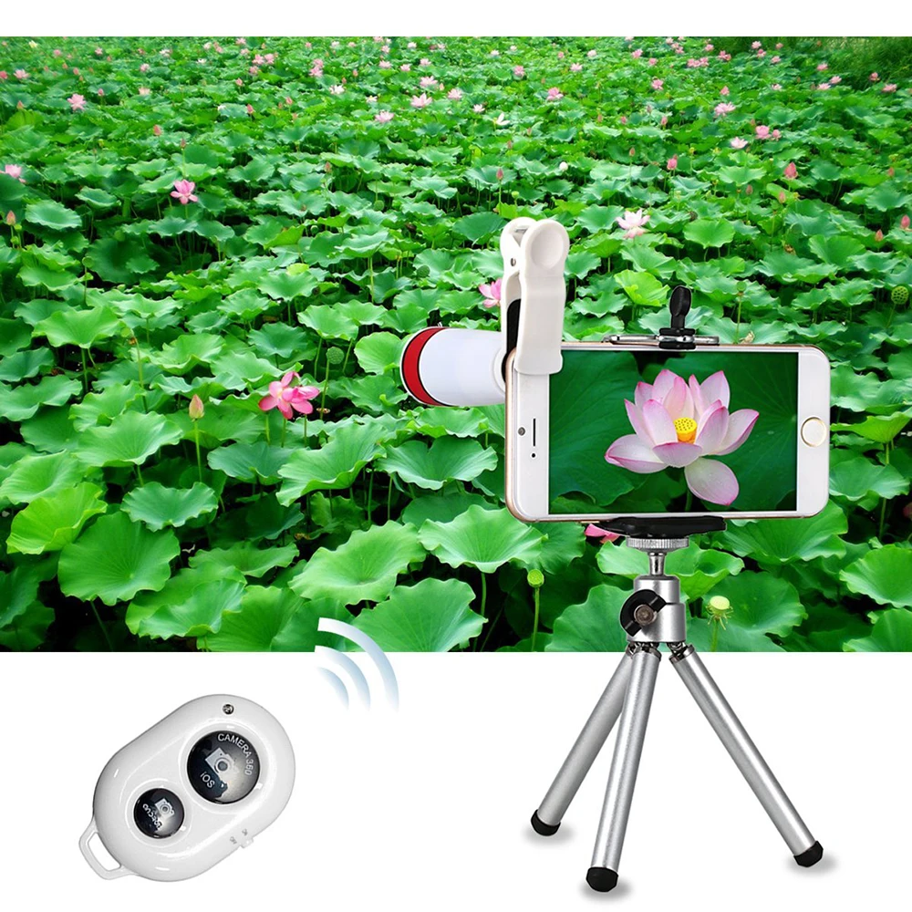 10VNT 8X Artinimo Mobiliojo Telefono Objektyvą Selfie Stick Universalus Nuimamas Clip-on Objektyvo Platus Kampas+Fish Eye+ Makro Objektyvo+Trikojis