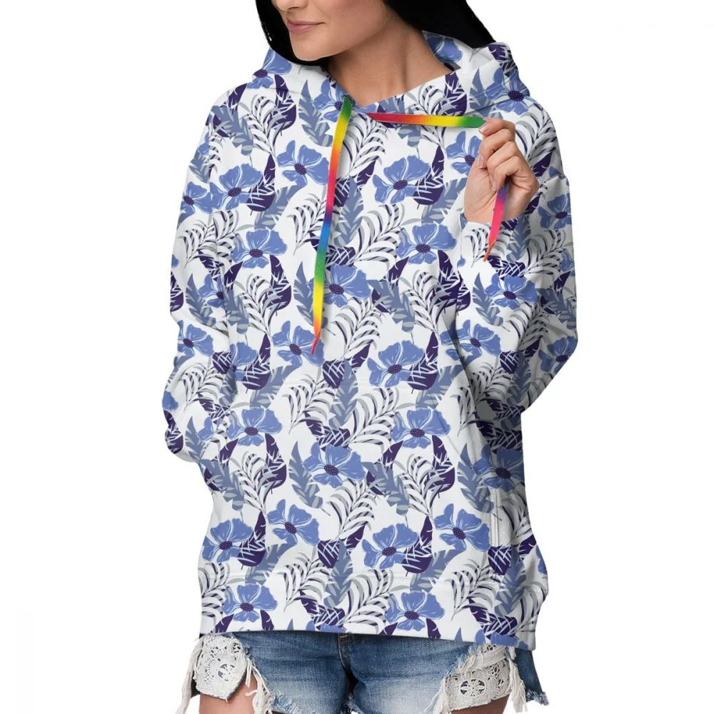 Kanpa Geriausia Pardavimo Moterų Poliesteris 3D Botanika Palaidinukė hoodies moterims, Baltos ir mėlynos Dizaino Mados Hoodie