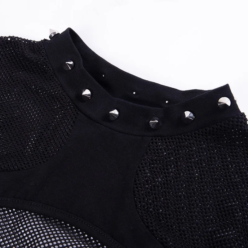 Gotikos Kniedės Apvalios Kaklo marškinėliai 2020 metų Vasaros trumpomis Rankovėmis Punk Tees Viršūnes Iškirpti Matyti Per Mesh Atgal T Marškinėliai Moterims