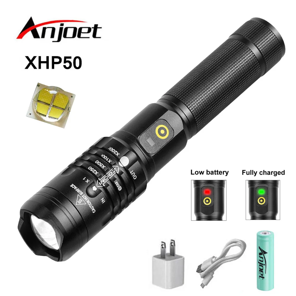 Anjoet Galingas LED Žibintuvėlis XHP50.2 Įkraunamas Žibintuvėlis šviesos USB Zoom Žibintas Camping Medžioklės Lempos savigynos Naudoti 18650