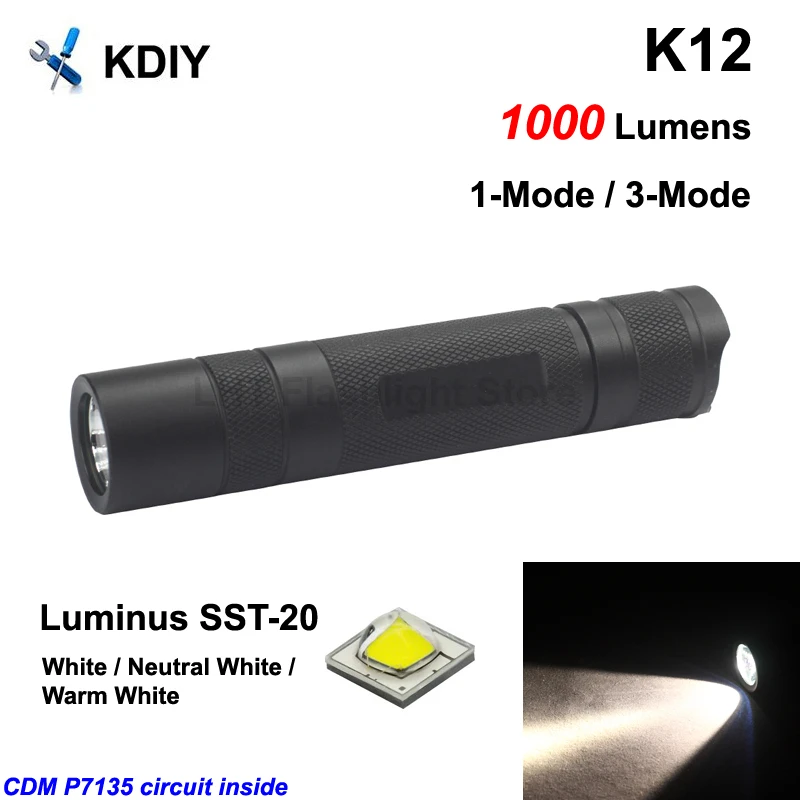 KDIY K12 SST-20 1000 Liumenų LED Žibintuvėlis - Black ( 1x18650 )