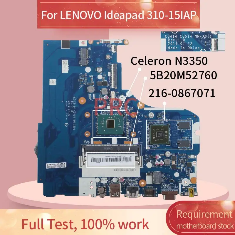 5B20M52760 LENOVO Ideapad 310-15IAP Celeron N3350 Sąsiuvinis Mainboard NM-A851 SR2Z7 216-0867071 DDR3 Laptopo plokštė