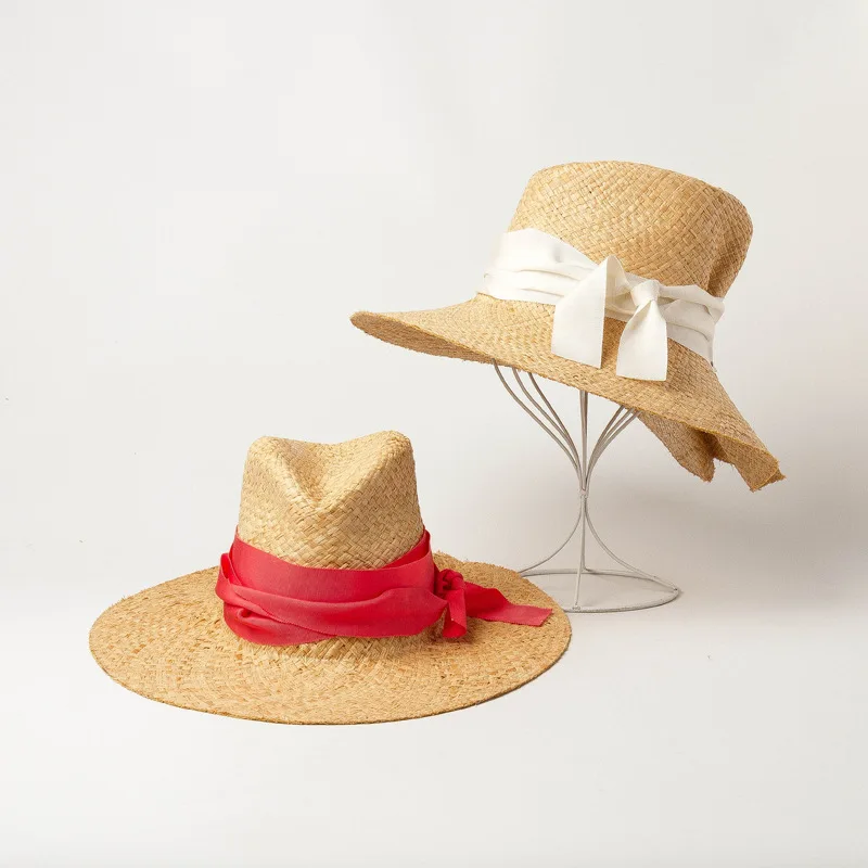 Platus kaspinas, lankas double-layer vertus-mezgimas pasakotojas: raffis žolės džiazo skrybėlę lauke, pavėsyje, paplūdimio šiaudų skrybėlę