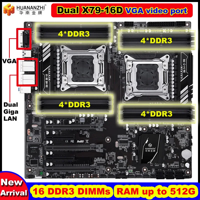 HUANANZHI X79-16D Dual CPU Socket motininę Plokštę su 16 gb DDR3 Atminties Lizdus Built-in VGA Vaizdo Išvestis 2 GIGA Ethernet Prievadai